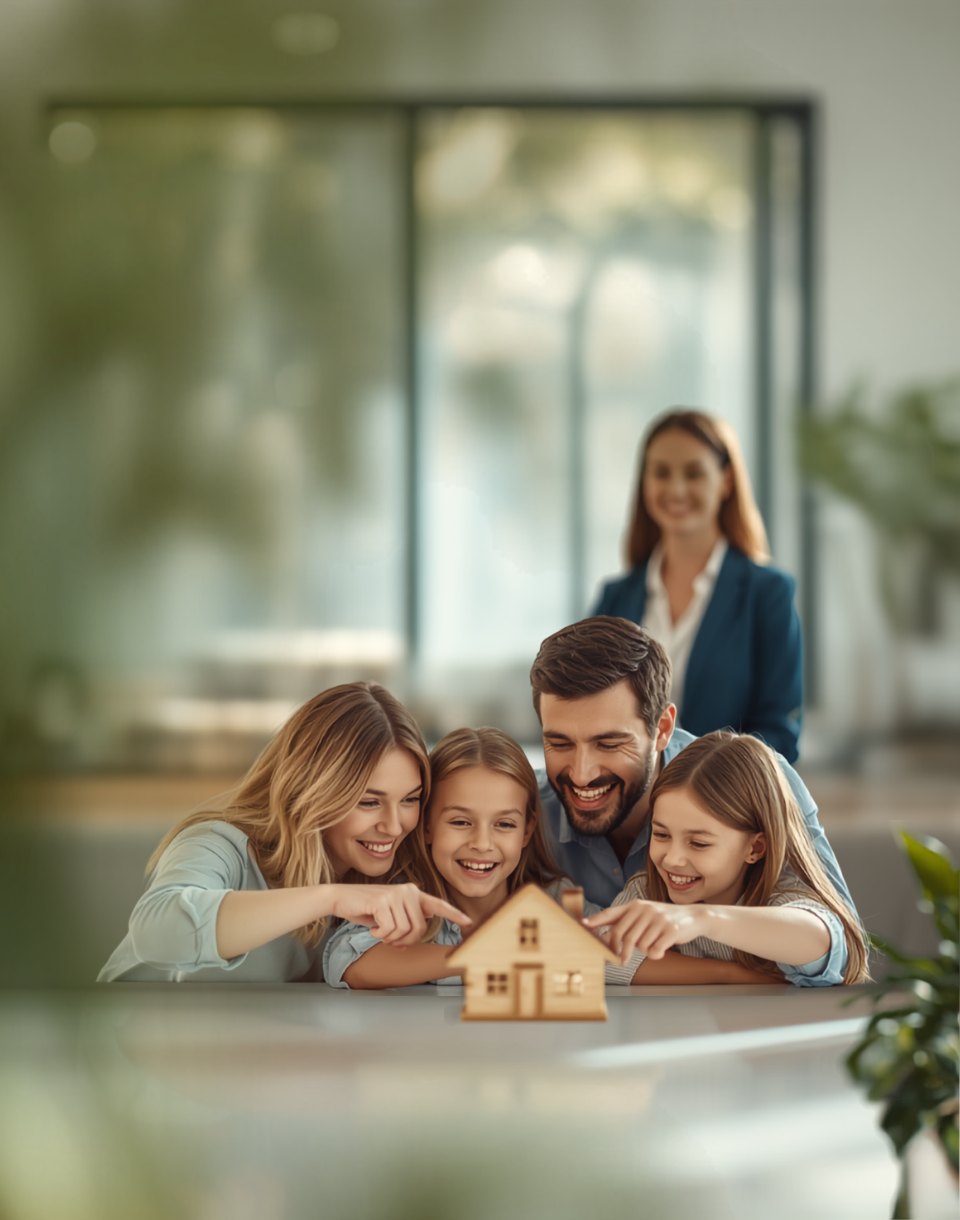 Une famille regarde une maquette de maison dans un bureau, accompagnée de sa courtière